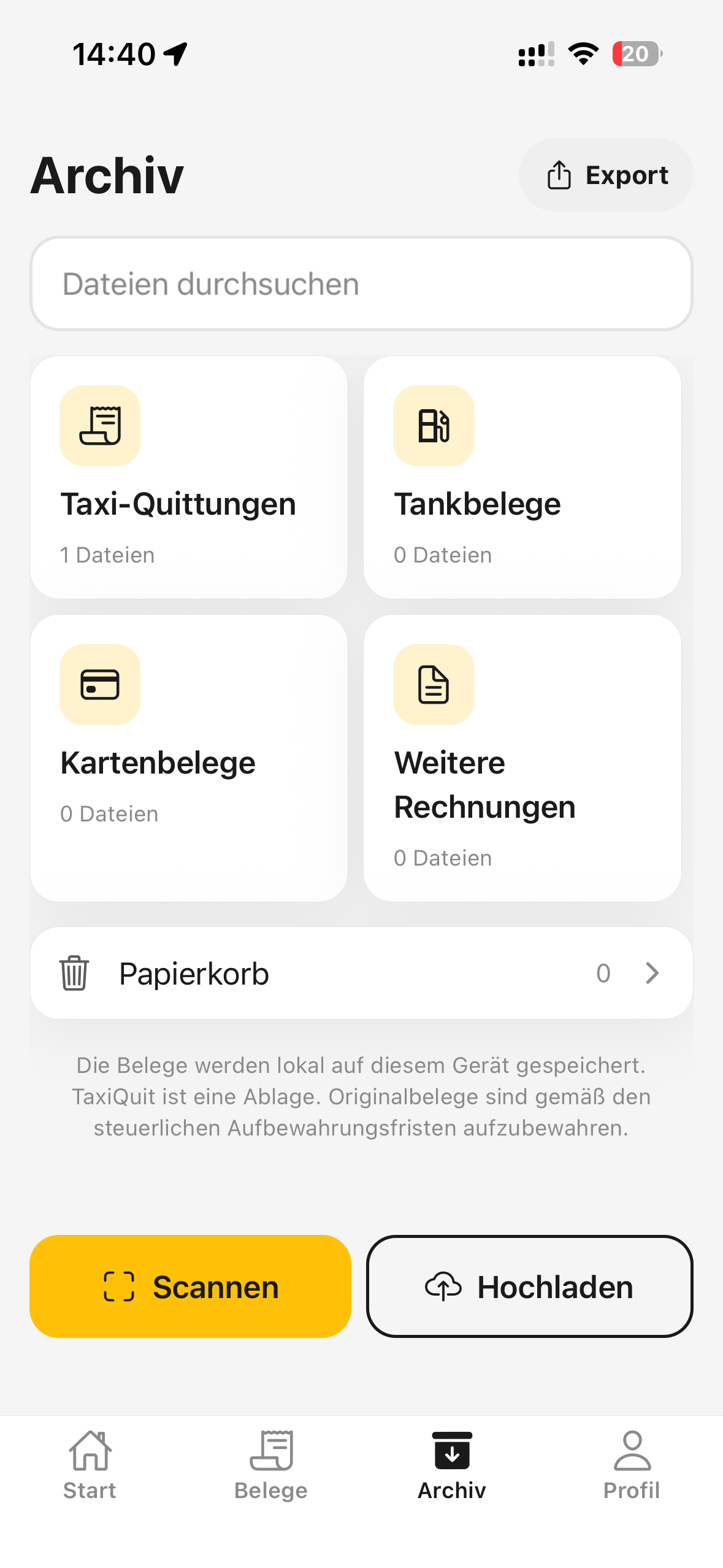TaxiQuit App: Belegarchiv