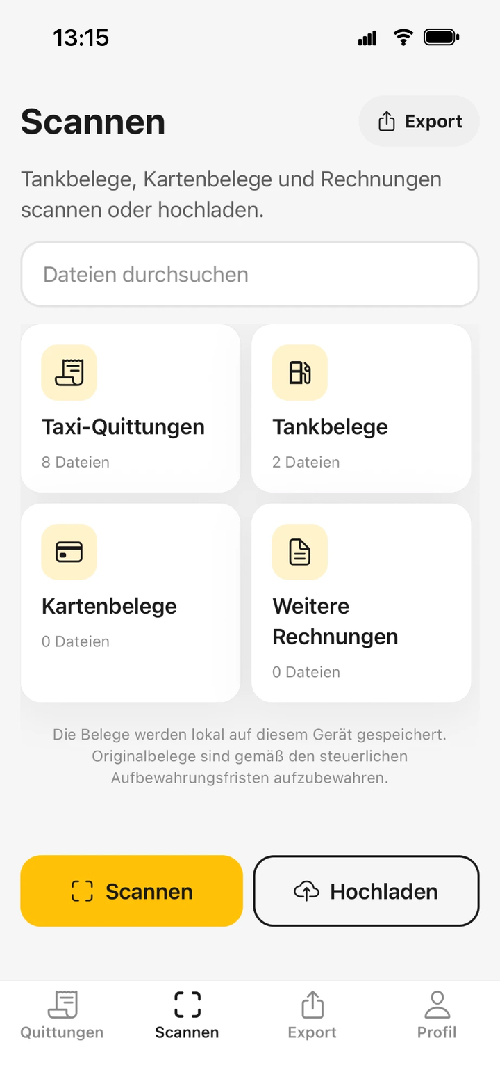 TaxiQuit App: Bereich „Scannen“ mit Taxi-Quittungen, Tank- und Kartenbelegen