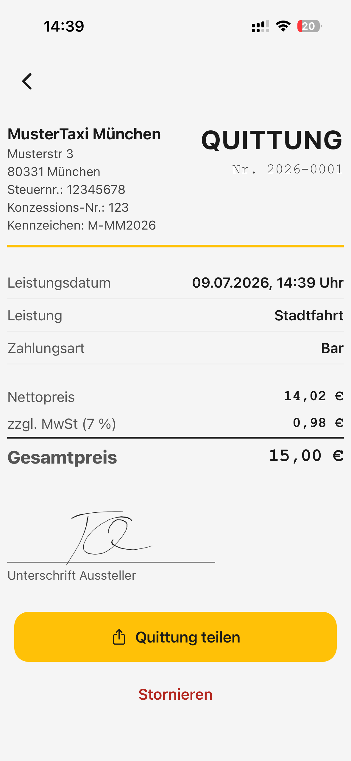 TaxiQuit App: fertige Quittung