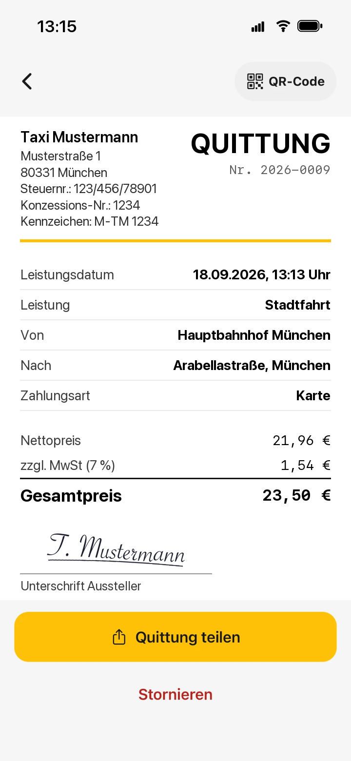 TaxiQuit App: fertige Quittung als PDF