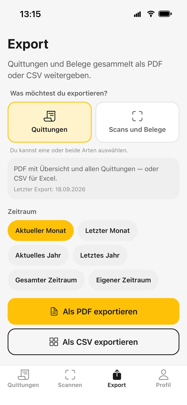 TaxiQuit App: Bereich „Export“ mit den Kacheln Quittungen und Scans sowie der Auswahl des Zeitraums