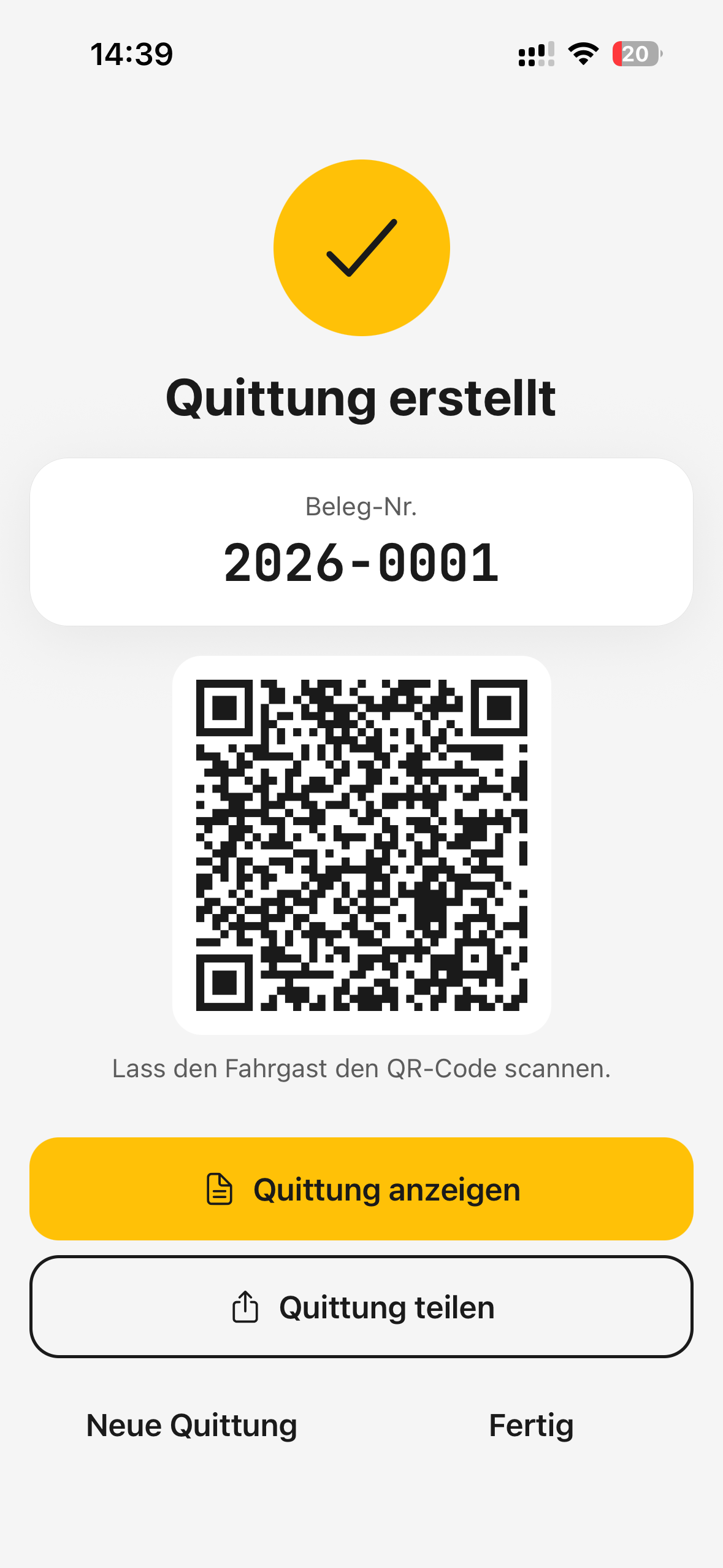 TaxiQuit App: Quittung erstellt mit QR-Code