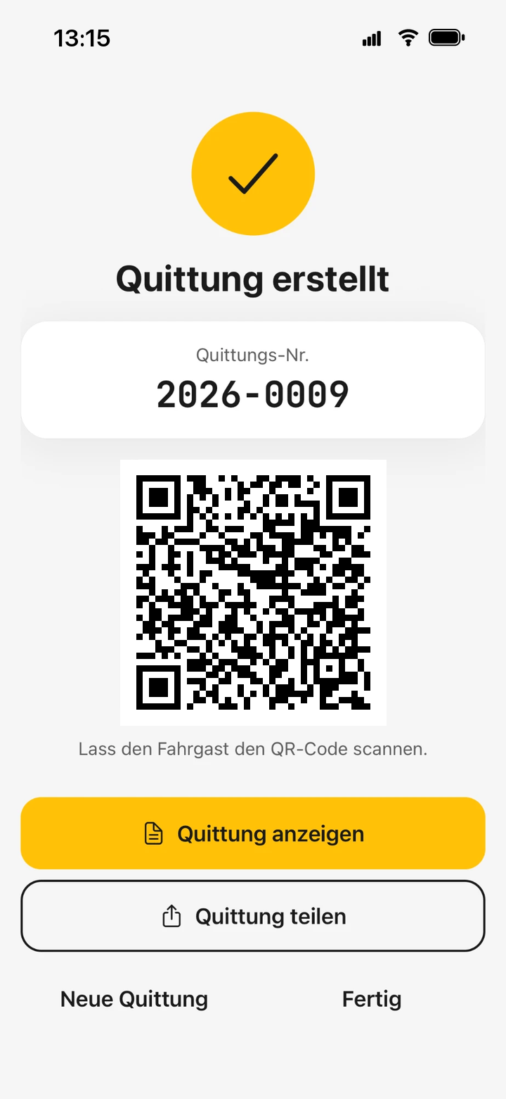 TaxiQuit App: Quittung erstellt, mit QR-Code für den Fahrgast
